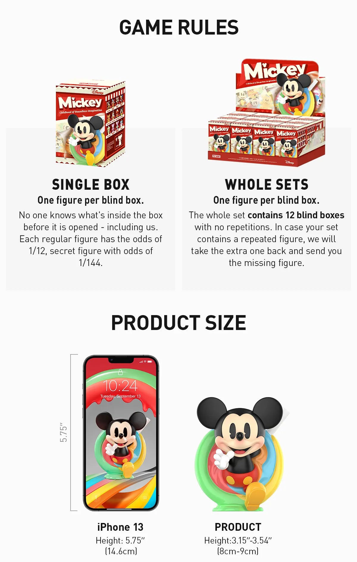 Disney Mickey Childhood of Boundless Imagination Series Figures preorder box featuring a cartoon character, part of a 12-design collectible toy series.