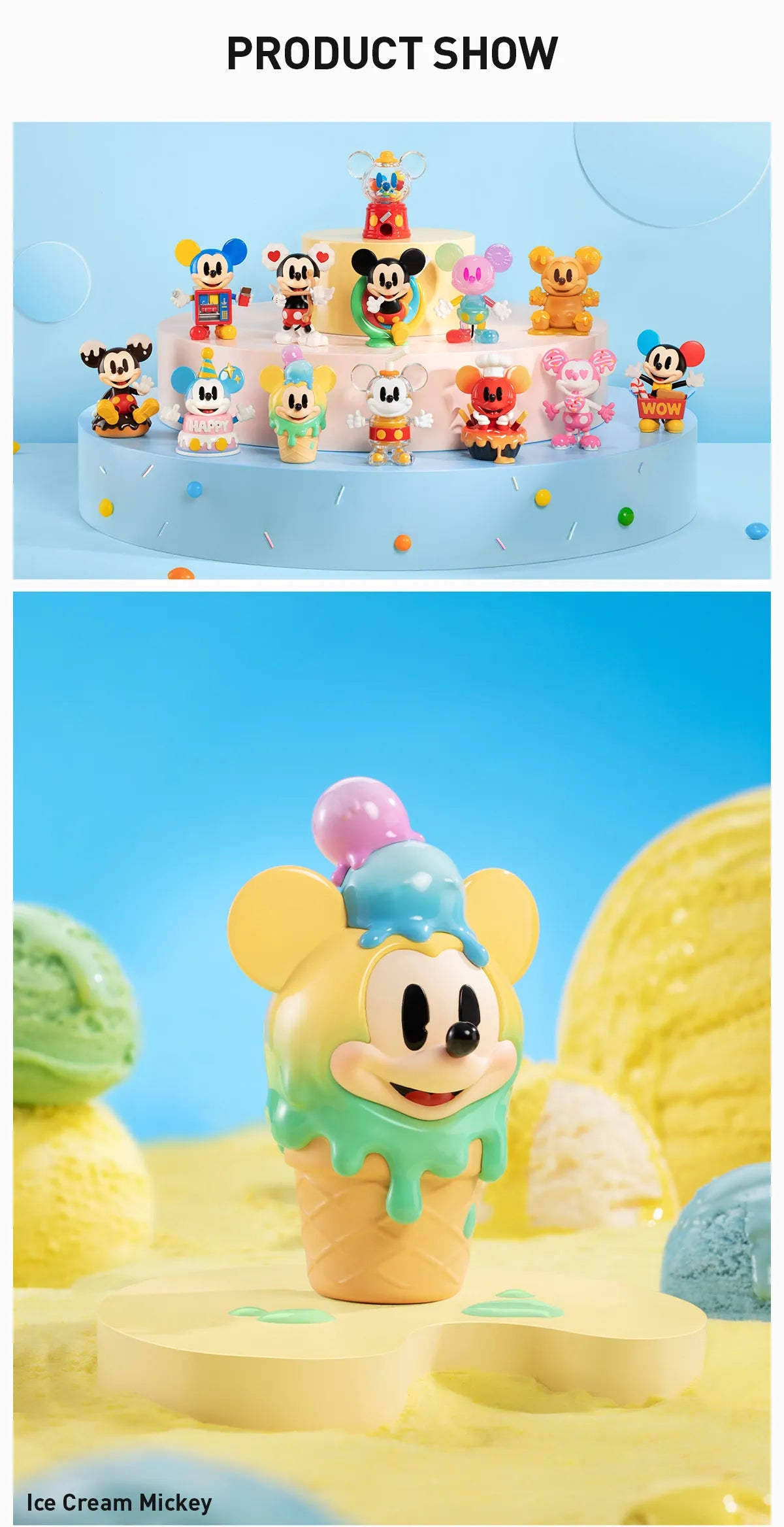 Disney Mickey Childhood of Boundless Imagination Series Figures, showcasing cartoon characters in toy form, available for preorder. Includes 12 regular designs plus 1 secret edition.