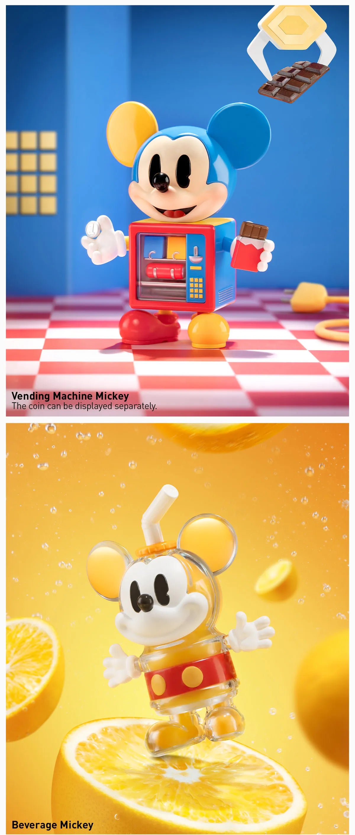 Disney Mickey Childhood of Boundless Imagination Series Figures featuring a toy mouse holding a chocolate bar, part of a preorder collection with 12 designs and 1 secret.