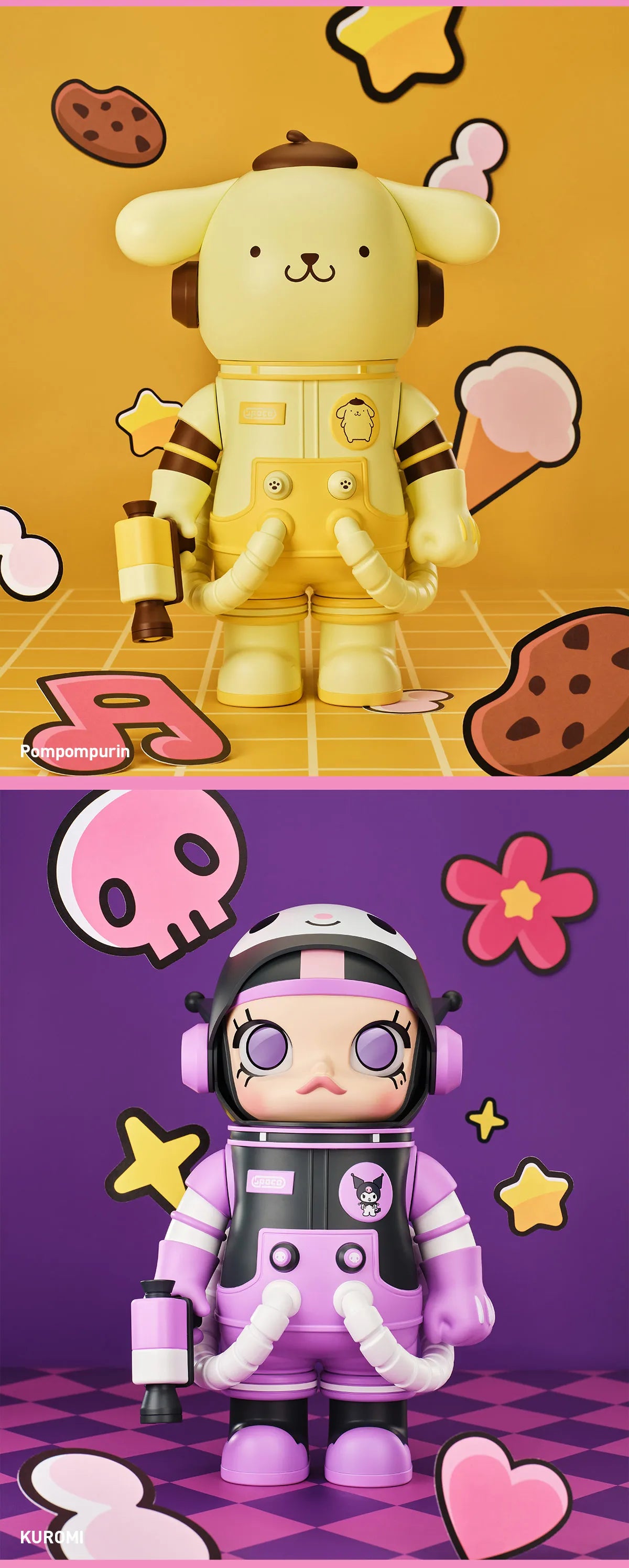 MEGA SPACE MOLLY 400% figures of Sanrio's Pompompurin and Kuromi in space suits, surrounded by themed iconography, available for preorder at Strangecat Toys.
