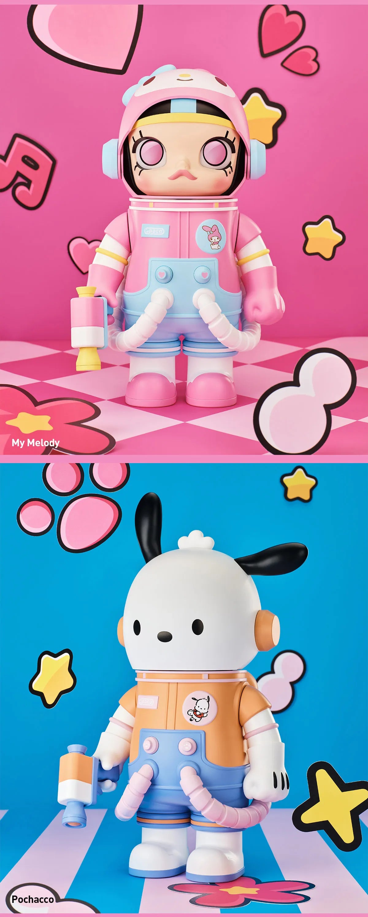 Sanrio's My Melody and Pochacco in space suits, part of MEGA SPACE MOLLY 400% Hello Kitty and Friends Series, available for preorder at Strangecat Toys.
