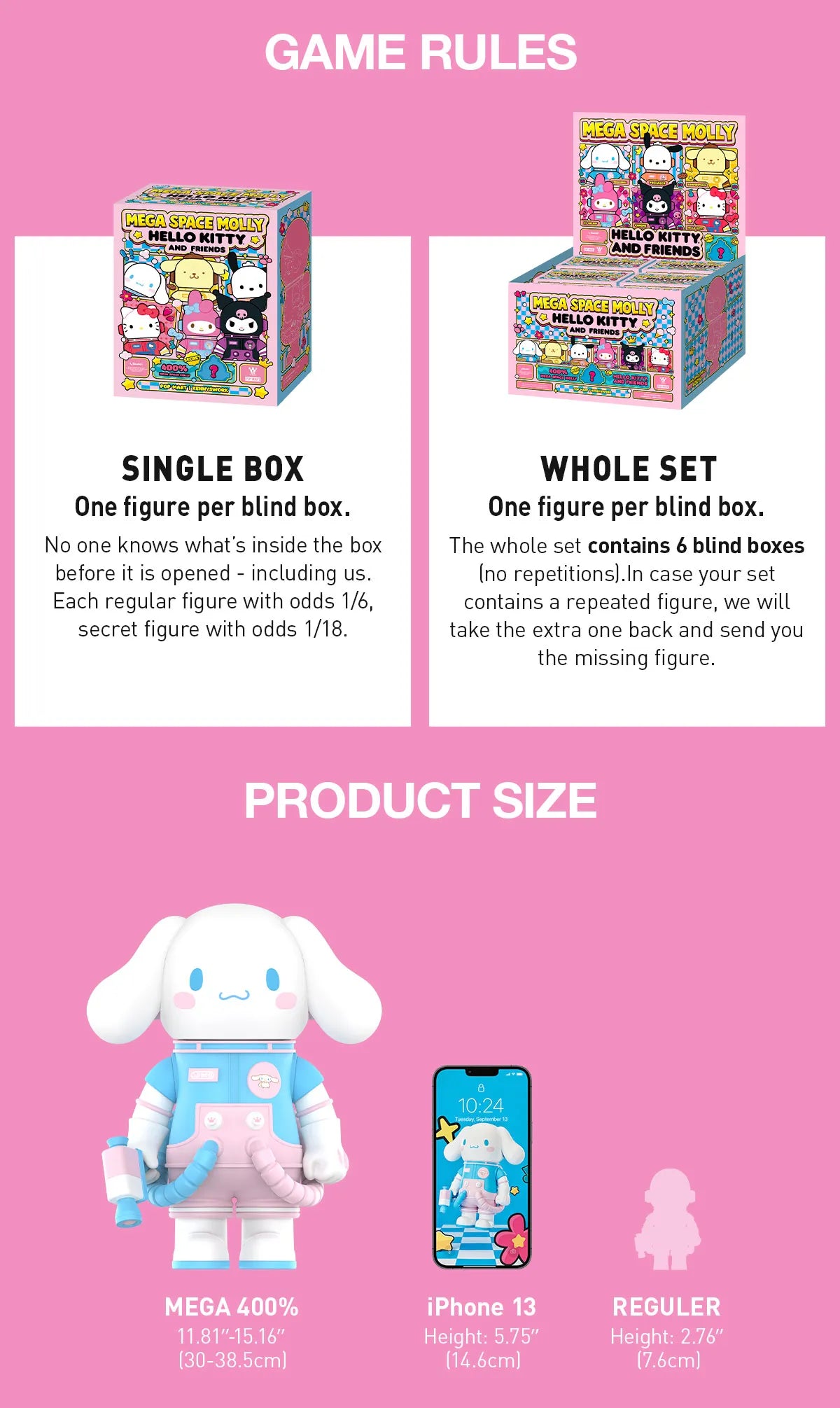Mega Space Molly 400% Hello Kitty and Friends series vinyl toy options, figure sizes compared to iPhone 13, illustrated with colorful box art and astronaut-style character.