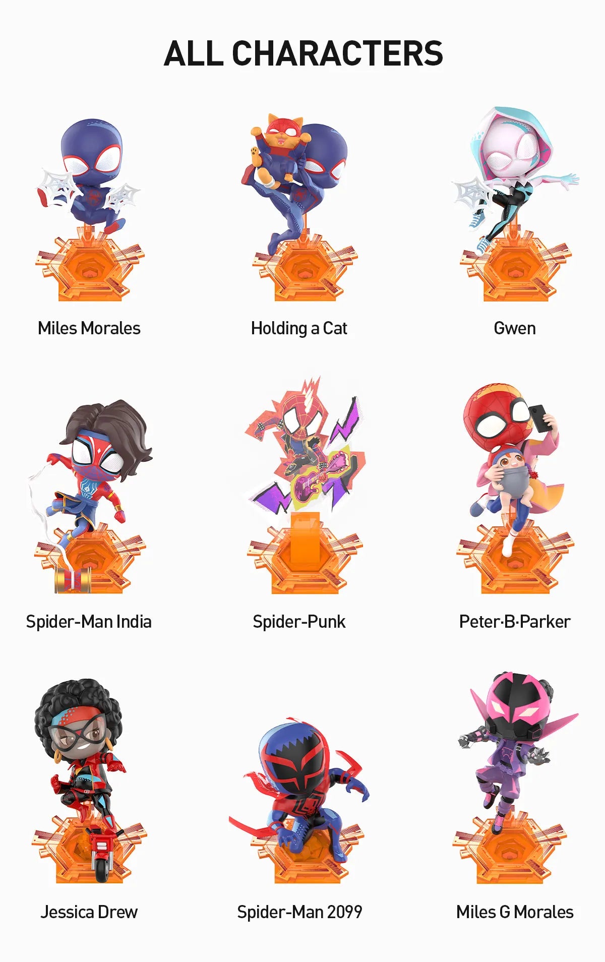 Marvel Spider-Man Across the Spider-Verse Series Figures preorder featuring various toy figurines, including a Spider-Man character, available in regular and secret designs.