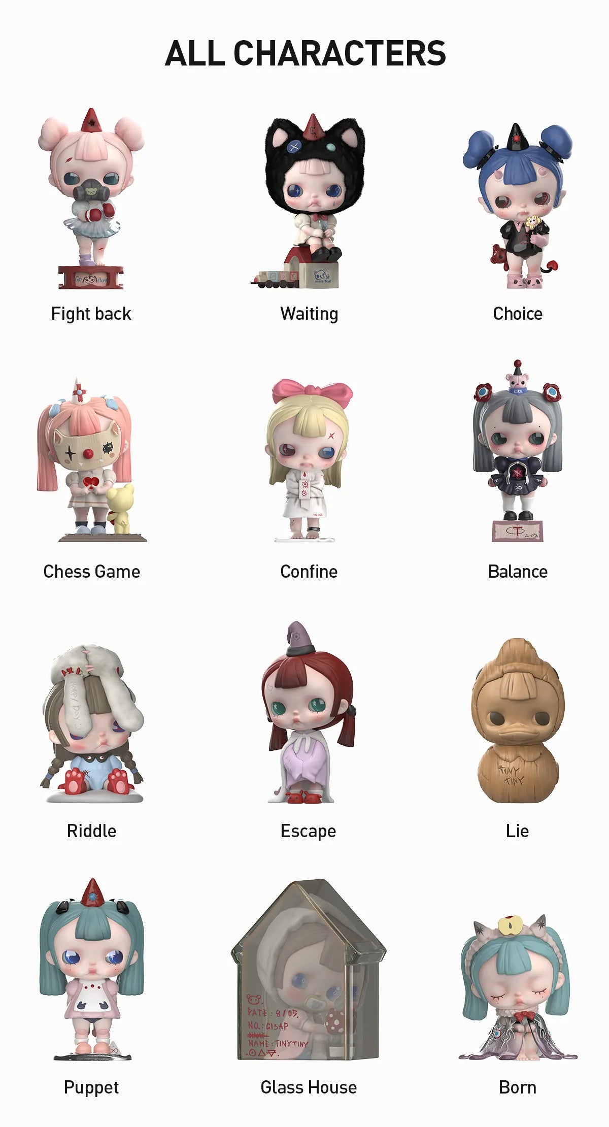 TINYTINY-PROLOGUE SERIES FIGURES - Preorder featuring multiple toy figurines, including a doll with blonde hair and others in various poses, part of a collectible art toy collection.