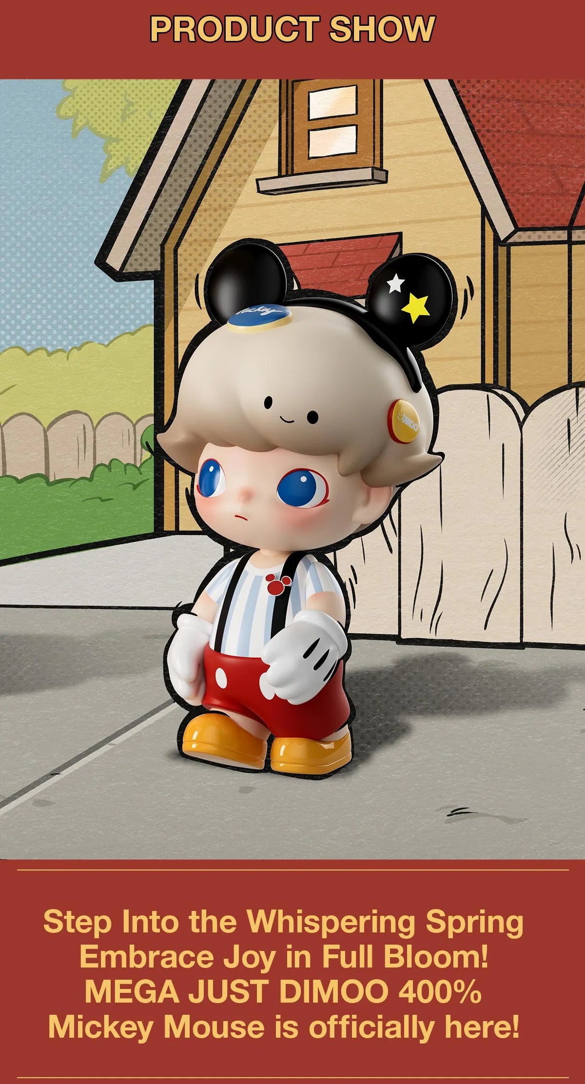 MEGA JUST DIMOO 400% Mickey Mouse collectible figure, featuring iconic ears and red shorts, available for preorder. Height: 28cm with ears.