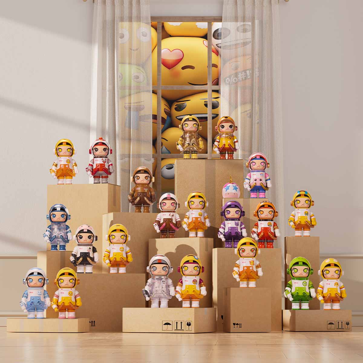 MEGA SPACE MOLLY 100% × emoji Blind Box Series - Preorder features 9 designs, plus a secret, shipping by June 2025.