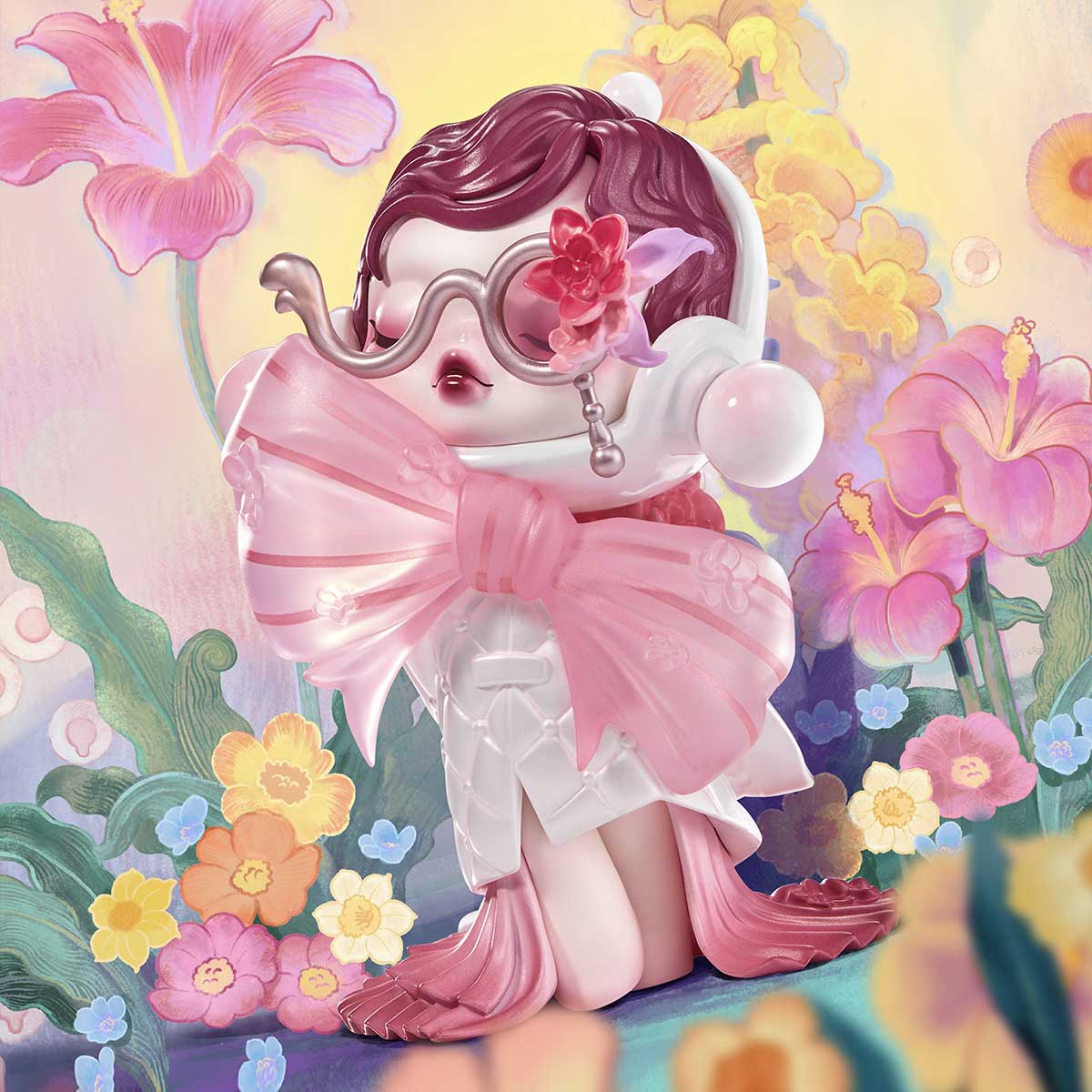 Hand in Hand Series Figures close-up, featuring intricate pink flower illustrations, part of a blind box set with 12 regular and 1 secret design.