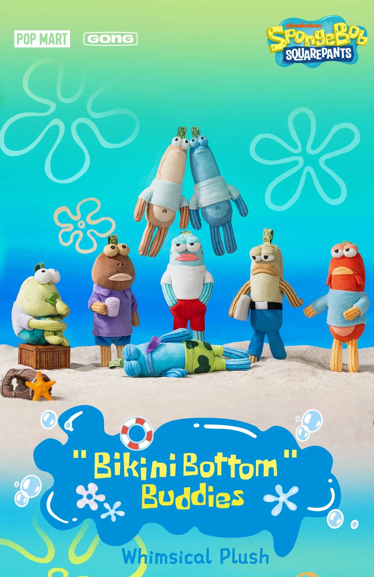 Bikini Bottom Buddies Whimsical Plush series, featuring seven plush fish characters with sewn-on details, posed on sand. Includes 6 designs and 1 secret.