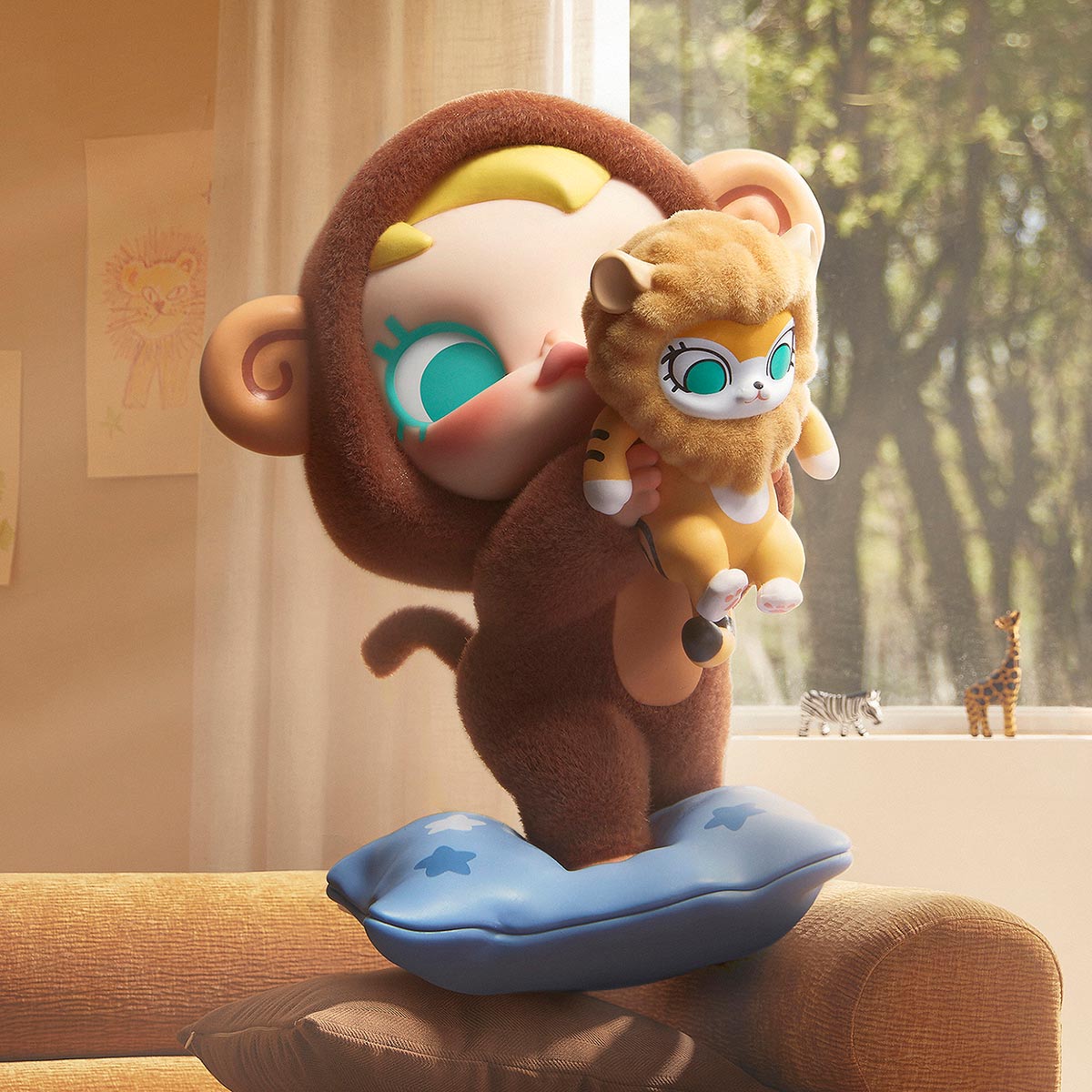 Baby Molly & Baby Tabby Series Figure: a cartoon-like monkey in a fur suit, balancing on a starry pillow, holding a lion-costumed plush in a playful setting.