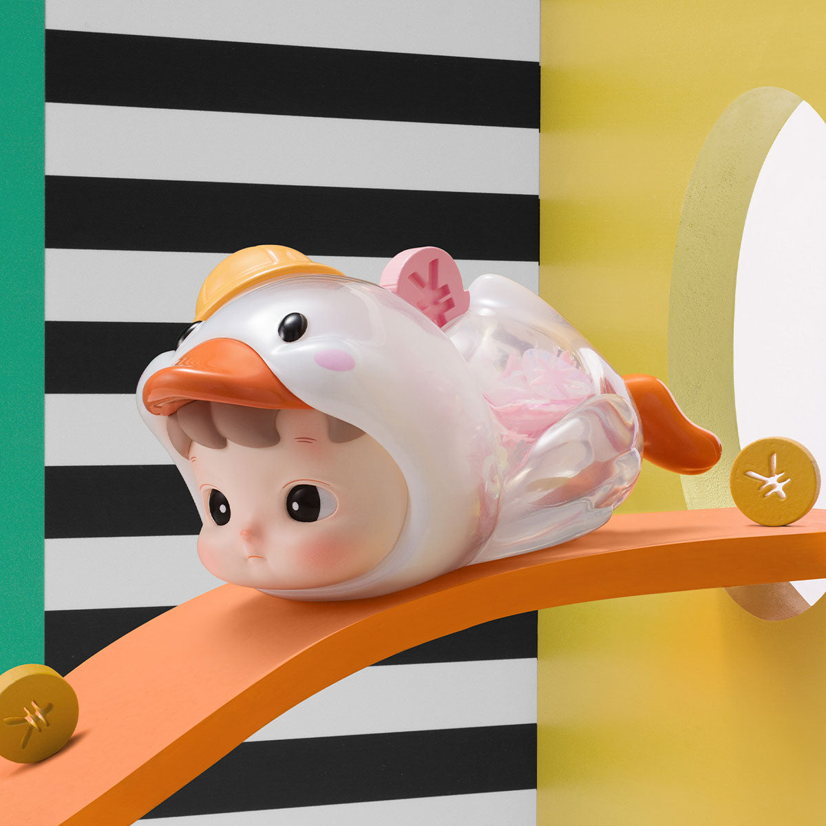HACIPUPU Rolling Time Machine Series Figure, a duck-shaped piggy-bank with a baby's face, filled with pink tokens, preorder available at Strangecat Toys.