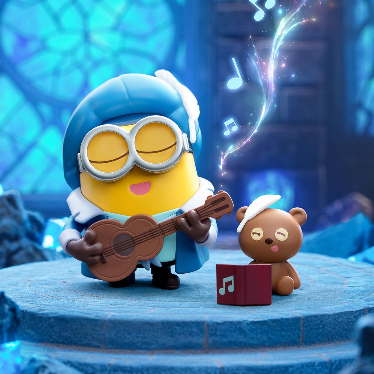 Minions Bedtime Stories by Bob and Tim Series Figures: a whimsical scene with a Minion playing ukulele, accompanied by a teddy bear singing from a music book.