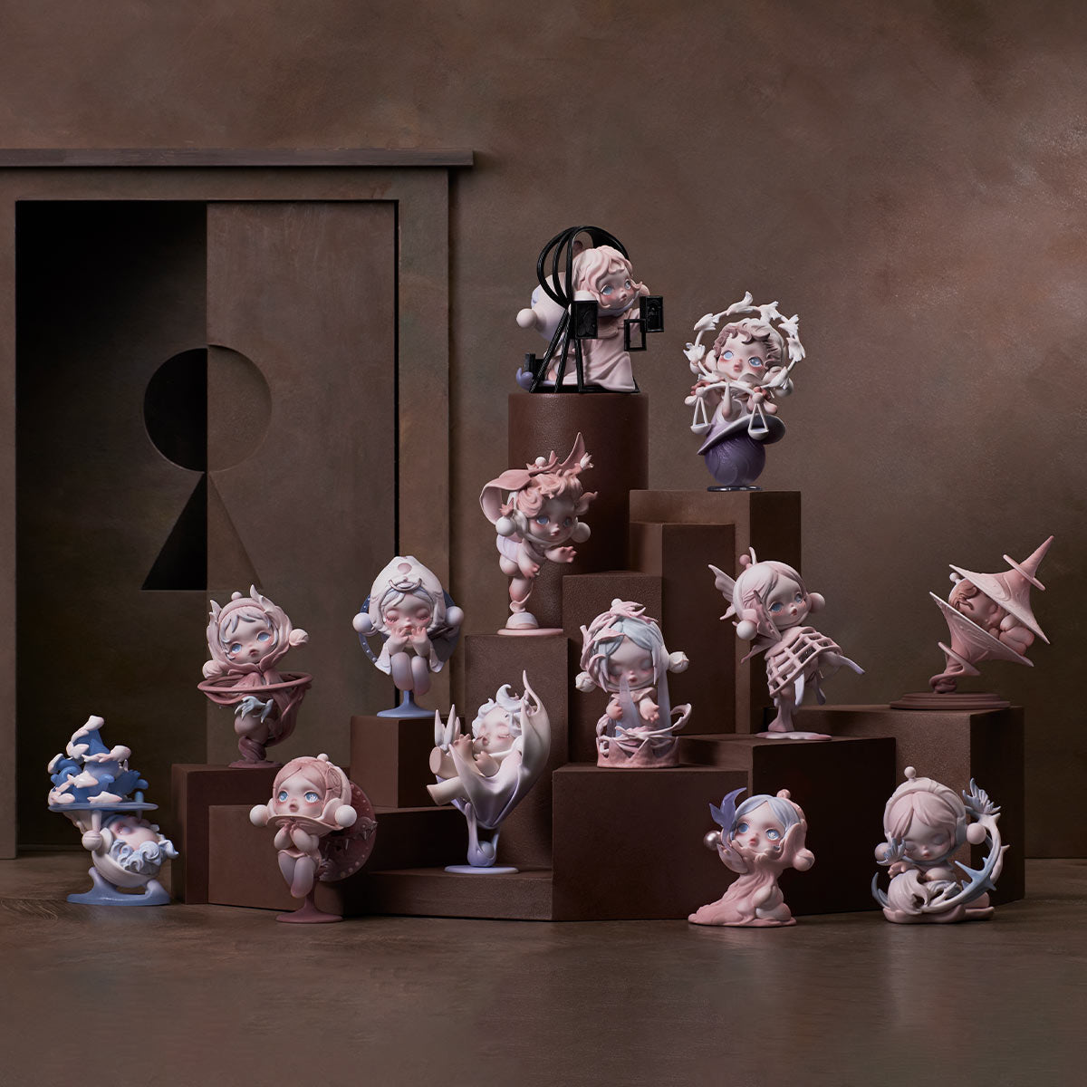 SKULLPANDA The Paradox Series Figures displayed in tiers, each with unique themes like scales and helmets, forming a complete collectible set.