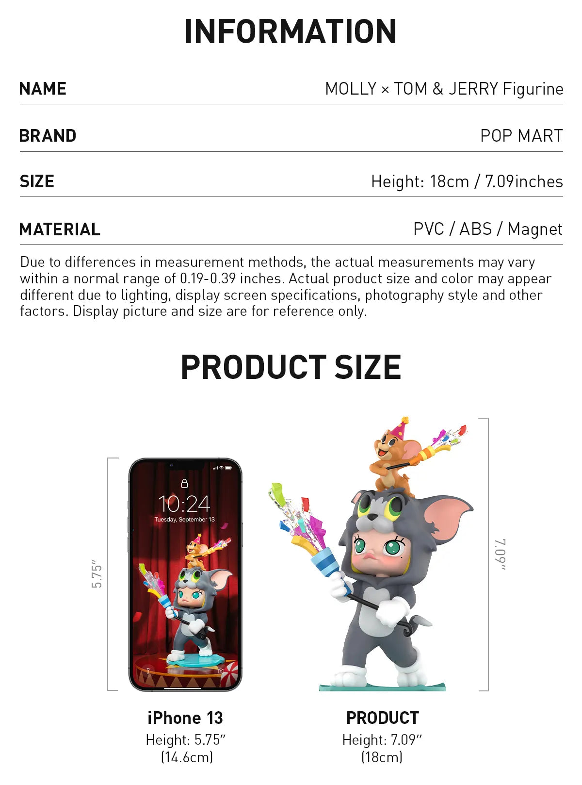 MOLLY × TOM & JERRY Figurine - Preorder, 18cm collectible figure with Molly in Tom costume, Jerry, and confetti. Includes size comparison to iPhone 13.