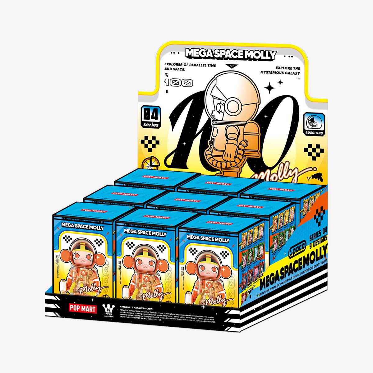 MEGA SPACE MOLLY 100% Blind Box Series 4 display featuring astronaut-themed vinyl figures, including nine designs and a secret chase, available for preorder at Strangecat Toys.