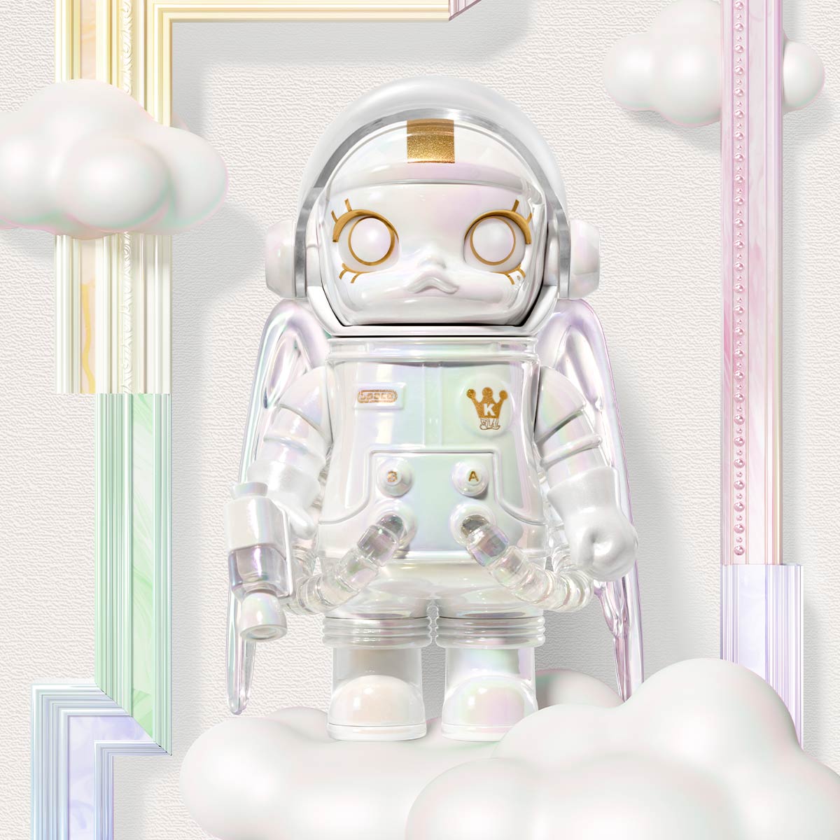 MEGA SPACE MOLLY 100% Blind Box Series 4 features a chibi astronaut figurine on a cloud base with gold accents and dreamy elements.