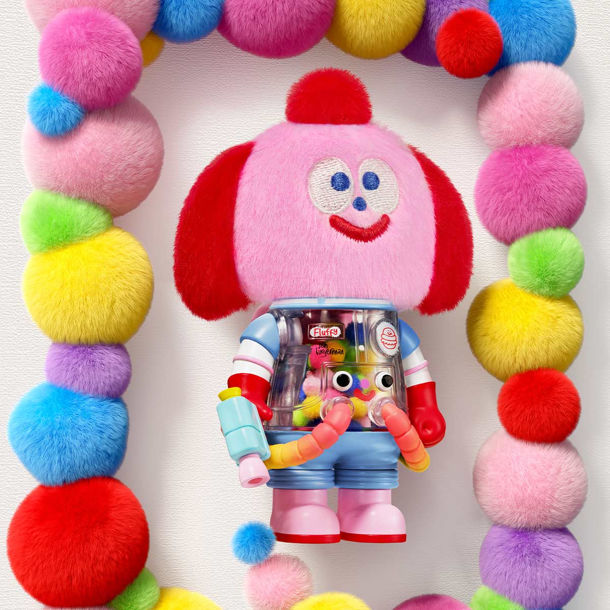 MEGA SPACE MOLLY 100% Blind Box Series 4: A playful art-toy with a plush pink head, clear torso filled with pom-poms, and colorful plastic limbs.
