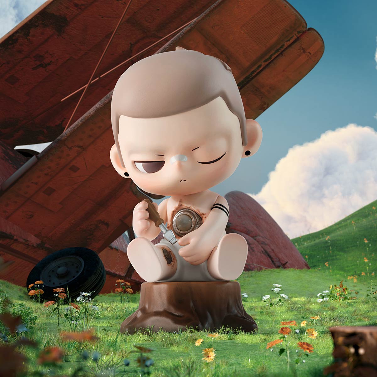 KUBO City of Sunset Series Figure as a whimsical automaton child repairing itself on a tree stump with a biplane wreckage in the background.