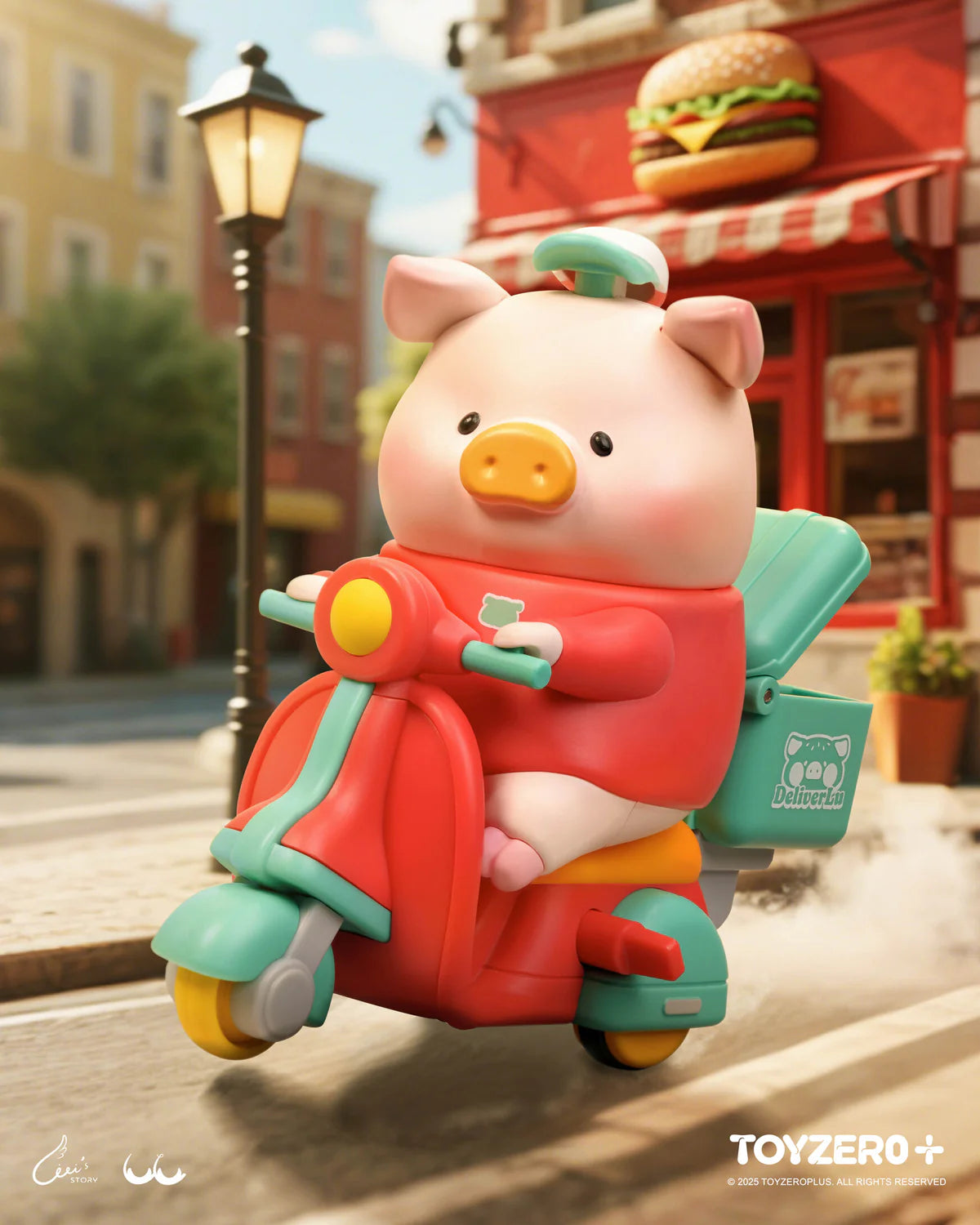LuLu the Piggy -Burger Express Movable Series: A playful 3D cartoon pig on a scooter, delivering burgers, part of Strangecat Toys' art collection.