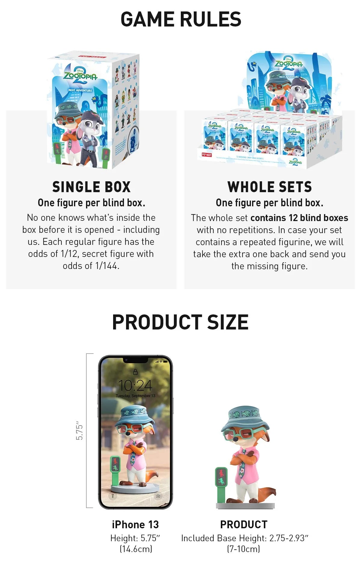 Disney Zootopia: Next Adventure Series Figures - Preorder. Blind-box collectible posters with game rules and figure size comparison beside an iPhone 13.