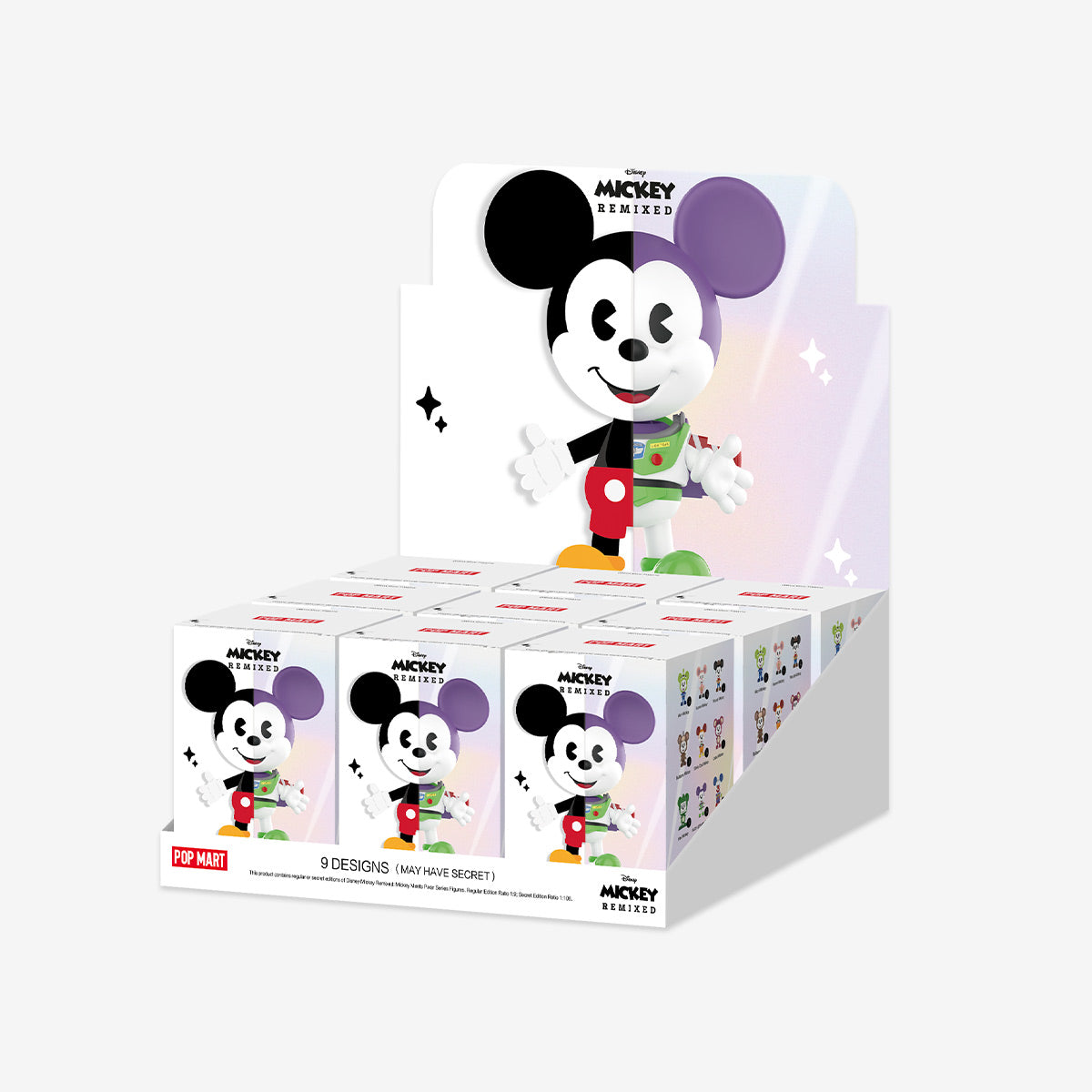 Disney Mickey Remixed: Mickey Meets Pixar Series Figures - Preorder display box with 9 blind-box collectibles, featuring space-themed Mickey designs and a secret variant possibility.