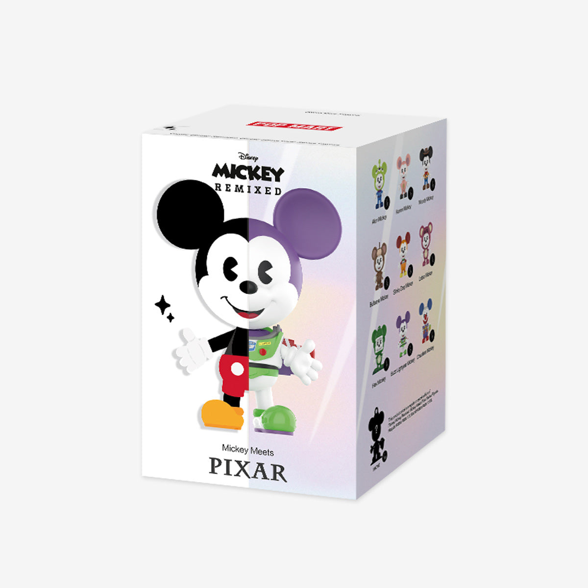 Disney Mickey Remixed: Mickey Meets Pixar Series Figures - Preorder packaging showing half classic Mickey, half Buzz Lightyear Mickey, with a Pixar-themed variant checklist.