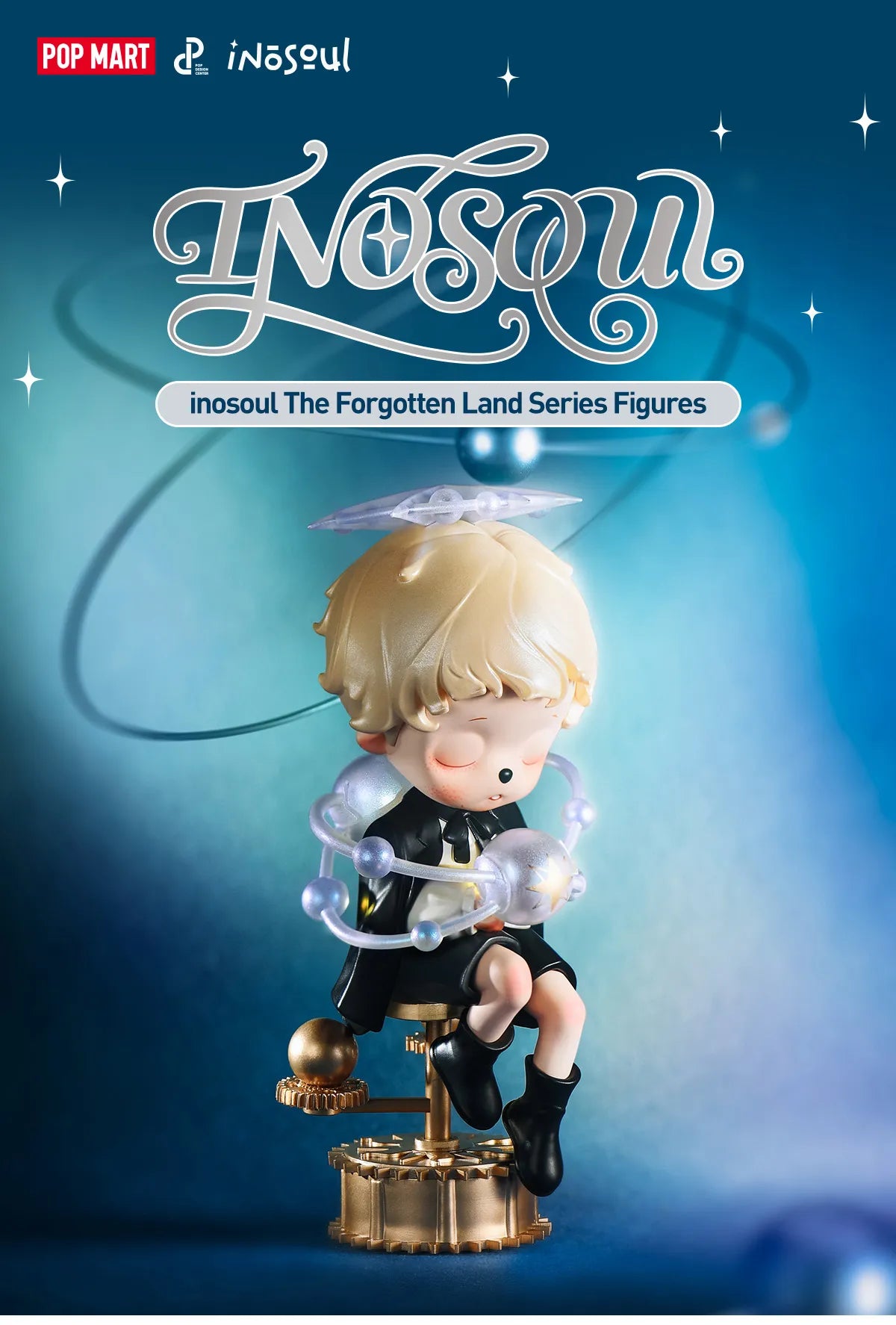 INOSOUL The Forgotten Land Series figure: child-like character on steampunk gear, encircled by orbs, glittering star in lap. Preorder for January 2026.