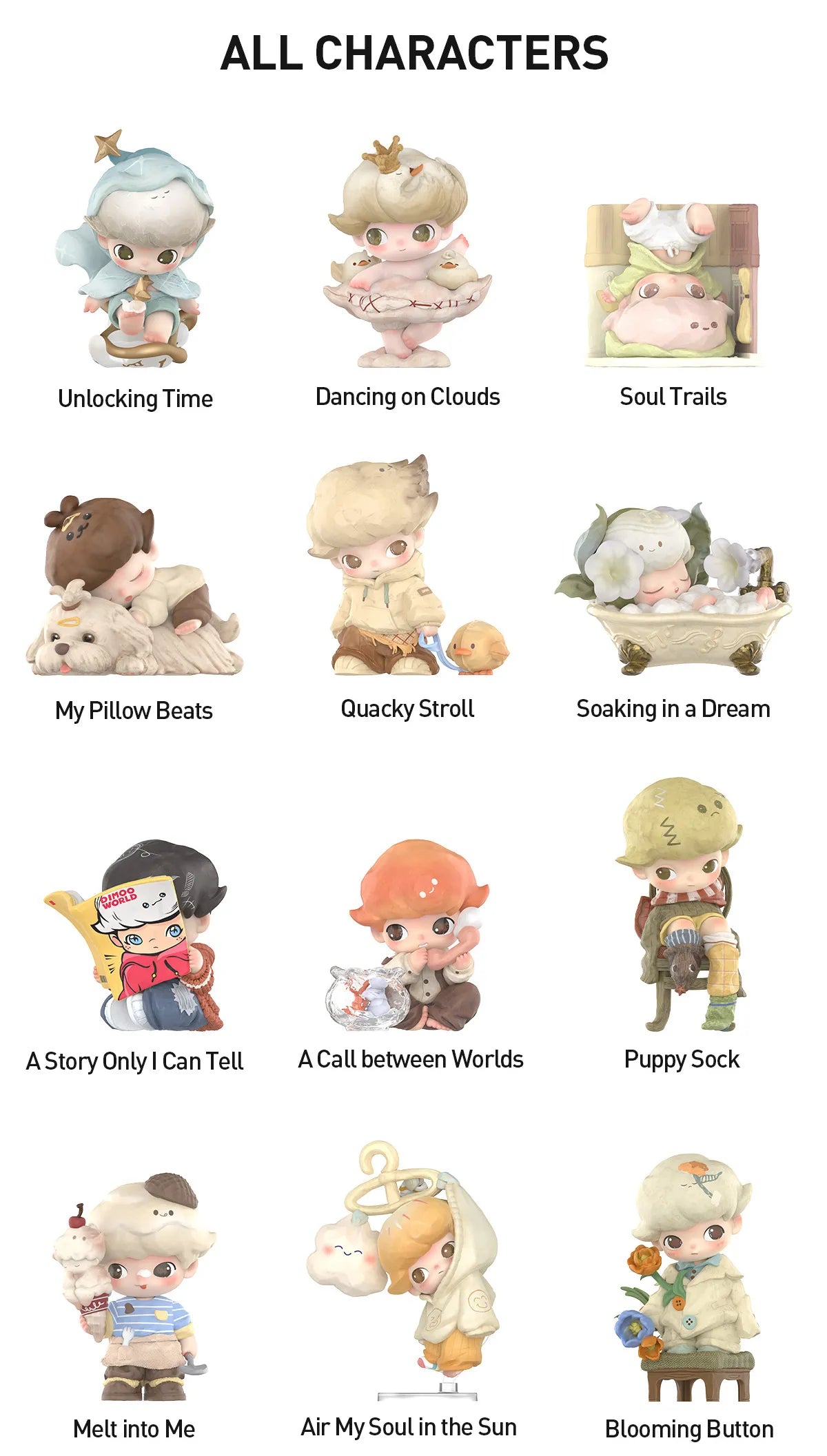 DIMOO The Missing Day Series Figures - Preorder showcases twelve whimsical character figurines, each with unique themes like time, dreams, and playful narratives, available for preorder.