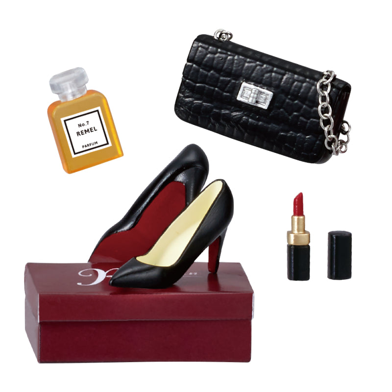 Women's fashion accessories from My Sweet Closet Re-ment Blind Box Series, featuring pumps, a clutch, lipstick, and a No.7 REMEL Parfum bottle.