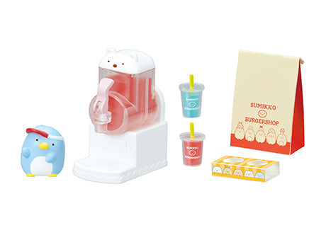 Sumikogurashi Burger Shop Re-ment Blind Box Series featuring a blue bird toy and a paper bag, part of an 8-design collectible set.