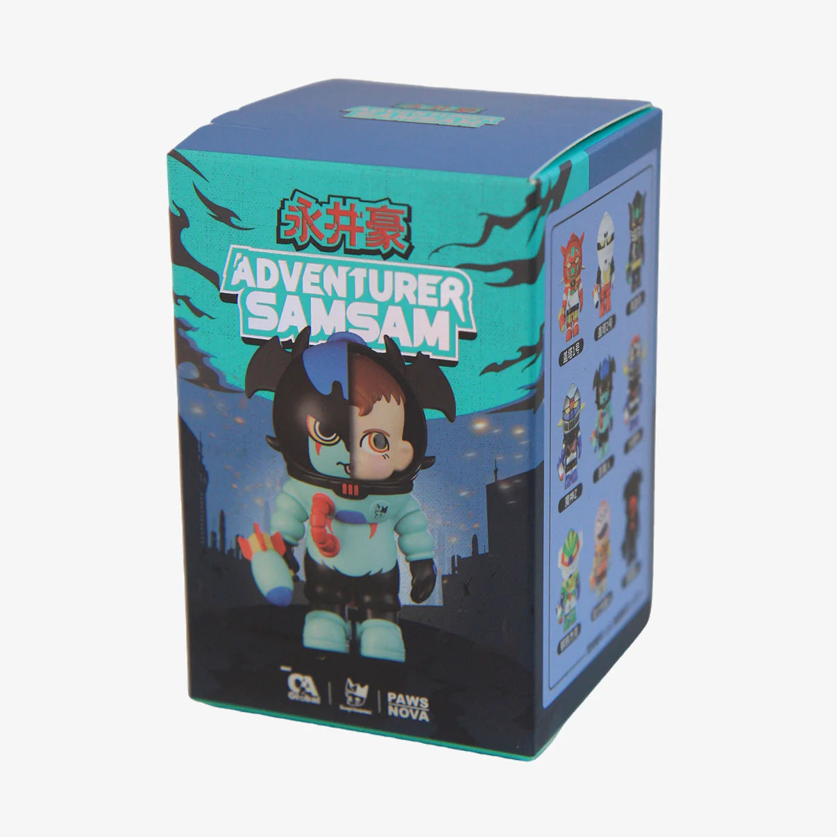 SAMSAM ADVENTURER X GO NAGAI BLIND BOX featuring a half-demon/half-child hero figure. Includes 8 designs and 1 secret variant in collectible packaging.