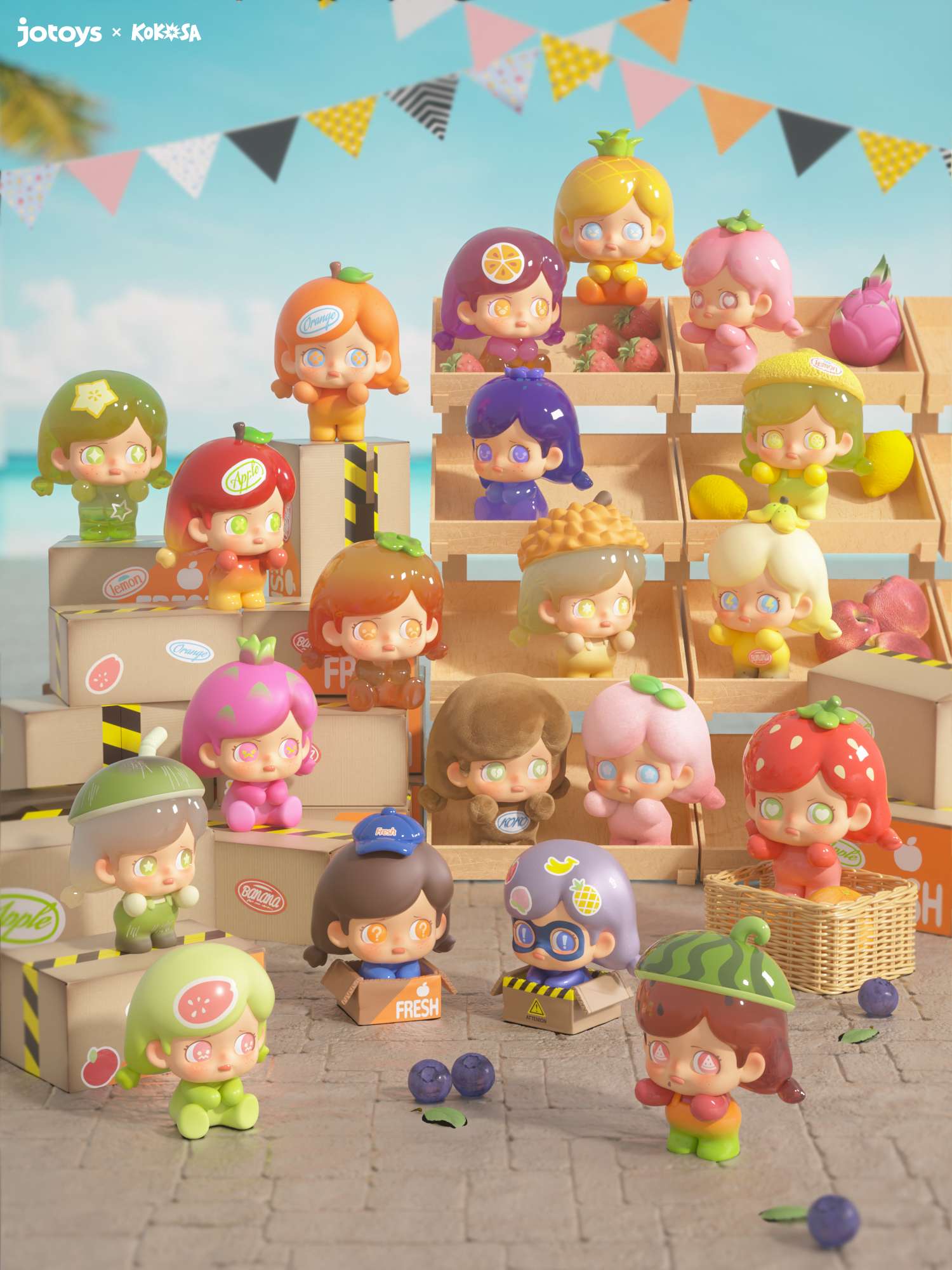 KOKOSA FRUIT PARTY SERIES BLIND BAG - Preorder featuring chibi fruit-themed figurines in crates and baskets, set in a playful market scene.