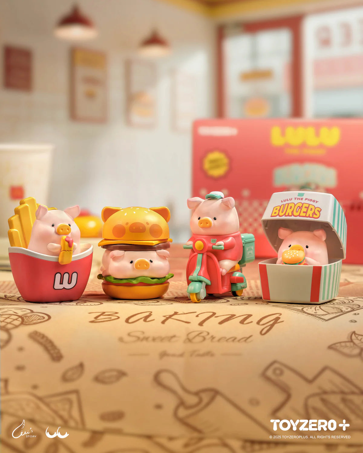 LuLu the Piggy -Burger Express Movable Series: Four piggy toys themed around fast food, featuring fries, burger, scooter, and burger box antics.