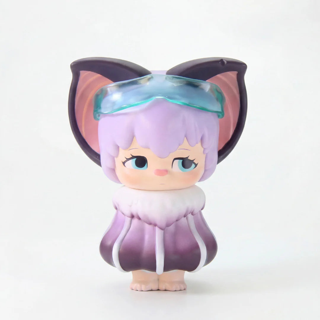 ABAO x Yoyo Yeung Batti Limited Sofubi Figure, featuring lavender hair, teal eyes, oversized ears, translucent visor, and a puffy purple and white suit. Preorder available.