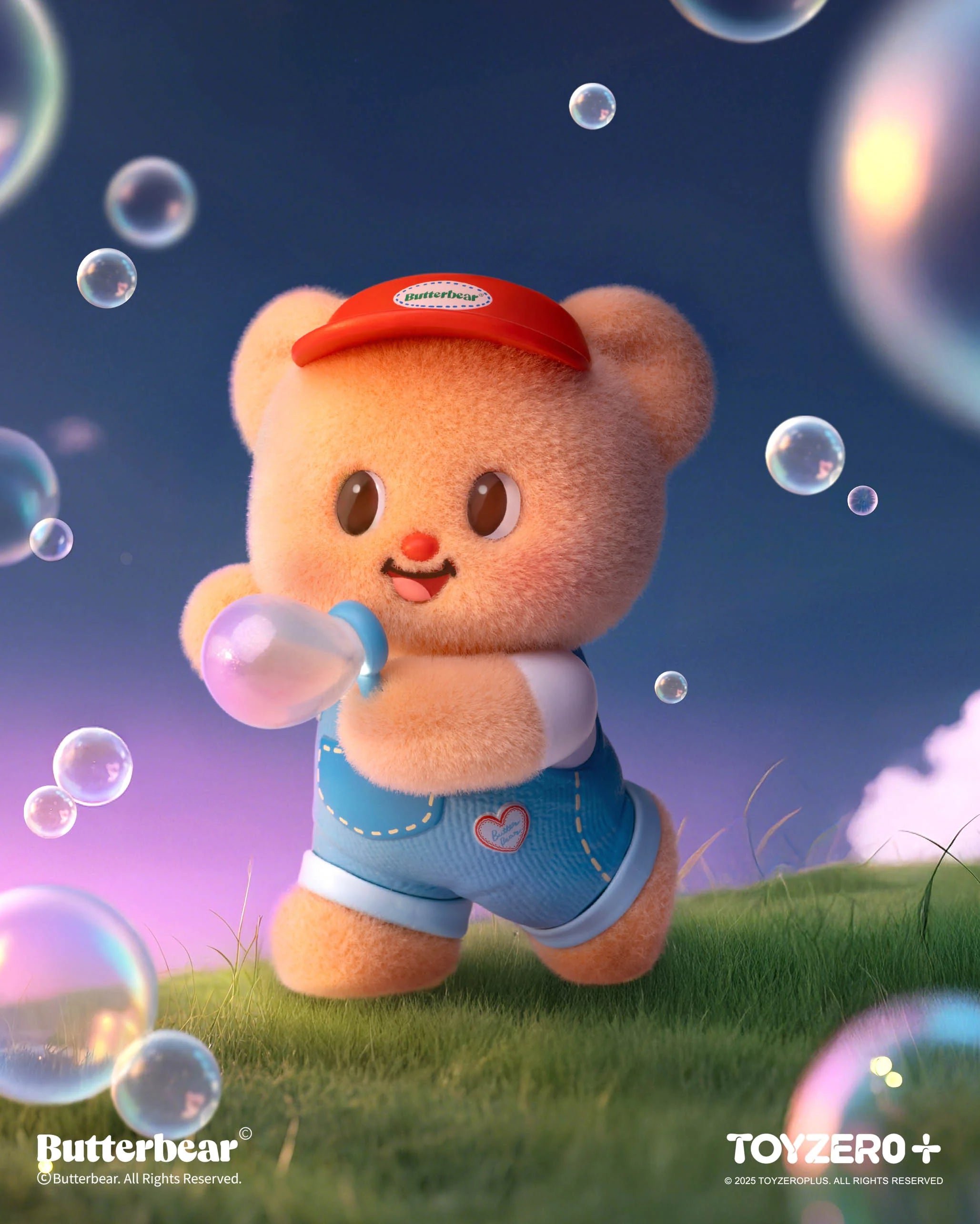 Butterbear - Little Wishes Blind Box Series features a peach teddy bear in blue overalls, blowing bubbles. Preorder for a chance to discover secret designs.