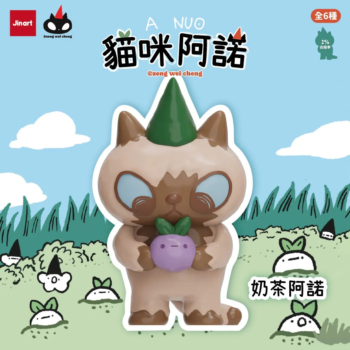 A NUO the Cat Blind Box features a Milk-Tea A Nuo vinyl figure, artist-designed, holding a purple fruit, ideal for collectors.