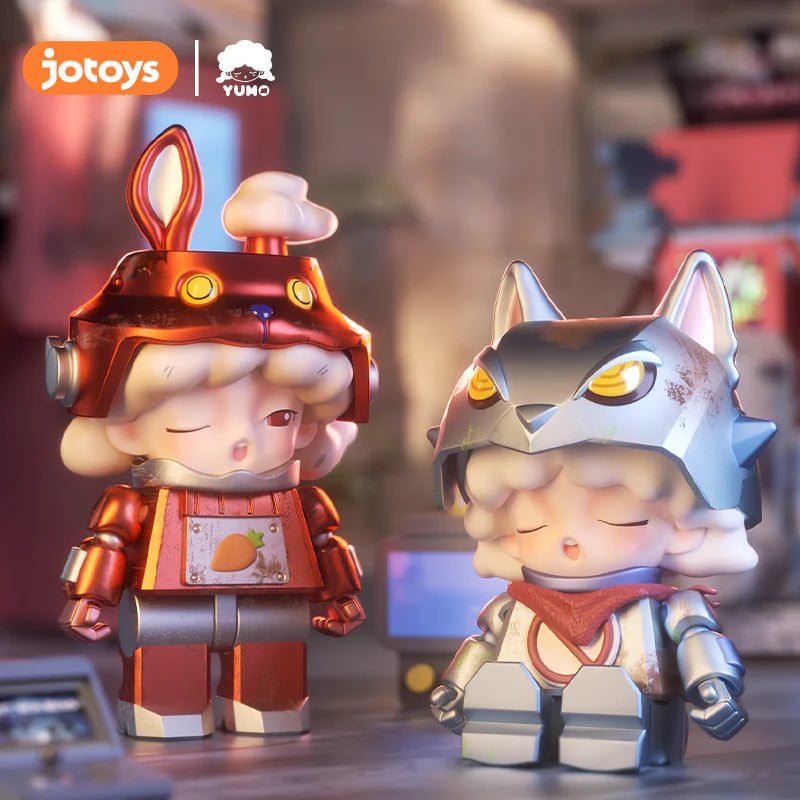 Two chibi-style figures from YUMO DREAMCORE ISLAND SERIES: a red mech-rabbit and silvery wolf, showcased in a workshop setting.