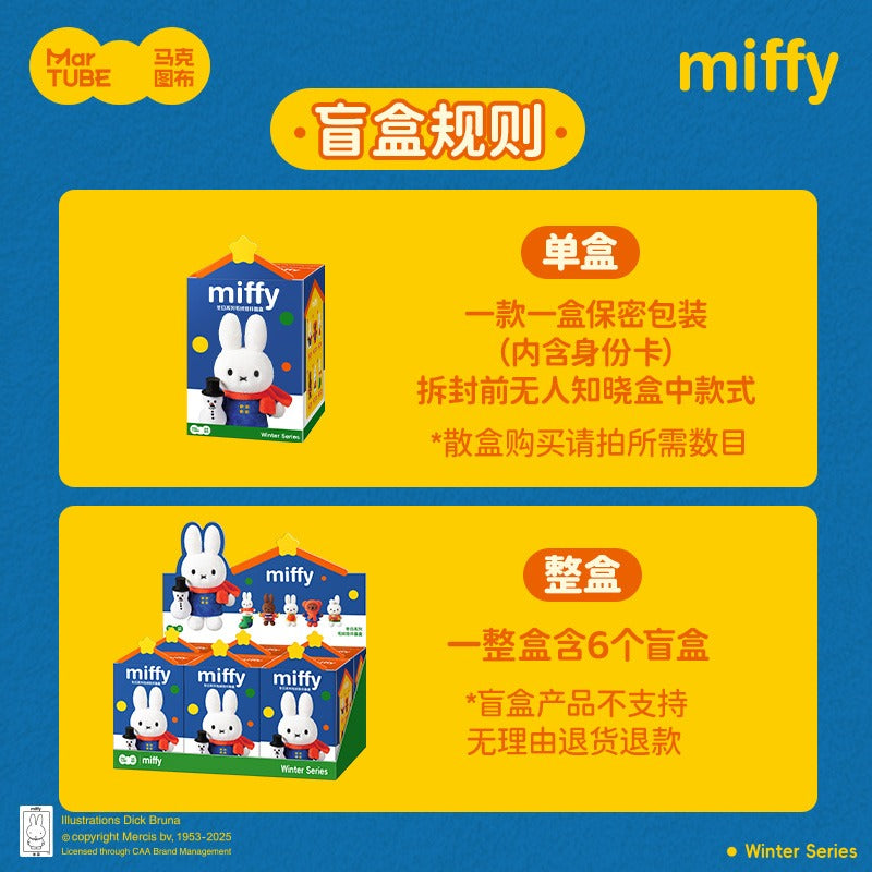 Miffy Winter Plus Keychain Blind Box poster featuring sealed boxes, Miffy in a scarf, snowman, and possible variants. Preorder for end of Q4 2025.