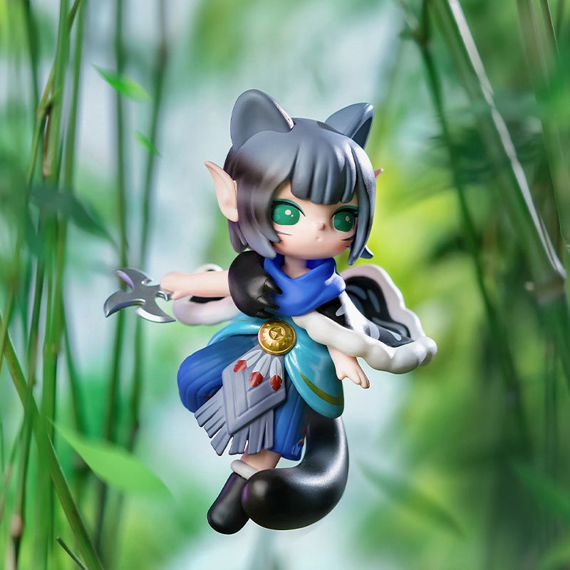 Chibi-style cat-eared, elf-like figurine from Paradise Guardians Blind Box Series, featuring a fantasy outfit and weapon, set against an enchanted forest backdrop.