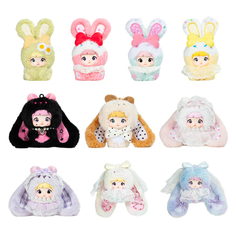 Nommi Baby Sweetheart Bunny Plush Blind Boxes featuring nine cute plush-doll keychains in animal hoods, including bunnies and a bat, with lace and bows.