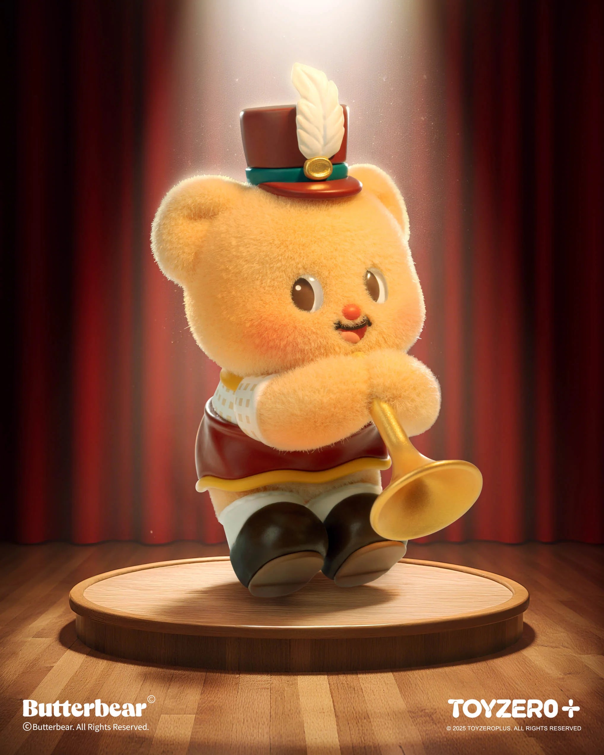 Butterbear - Little Wishes Blind Box Series: A plush teddy bear in a top hat and vest, holding a trumpet, spotlighted on a wooden platform.