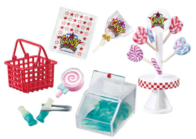 Sweety! Happy! Candy SHOP CANDY A☆GO☆GO! Re-ment Blind Box Series, featuring gummy candies, showcased in a red shopping basket with tweezers in action.