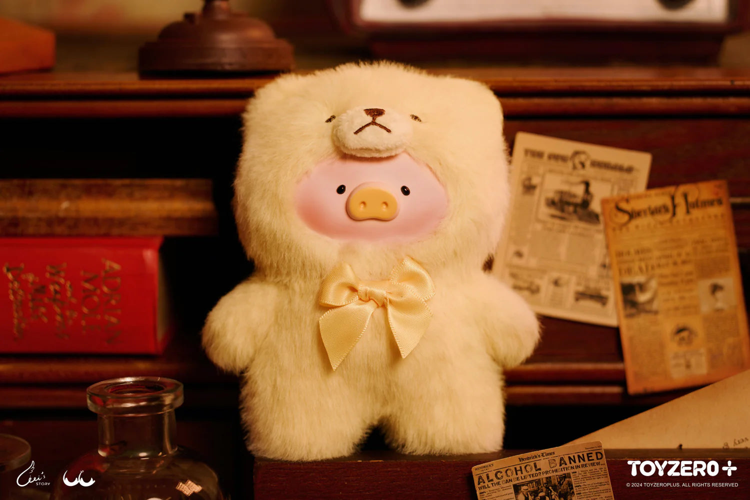 A blind box toy from Strangecat Toys: LuLu the Piggy - Vintage Teddy Shop Vinyl Face Blind Box Series, featuring a plush toy with a pig face. Size: ~14cm tall.