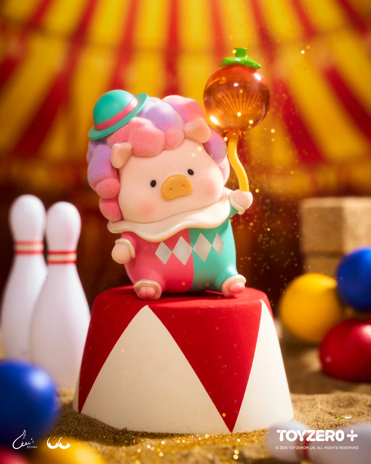 LuLu the Piggy figurine dressed as a clown stands on a striped pedestal, part of the LuLuLand Series Blind Box collectible from Strangecat Toys.