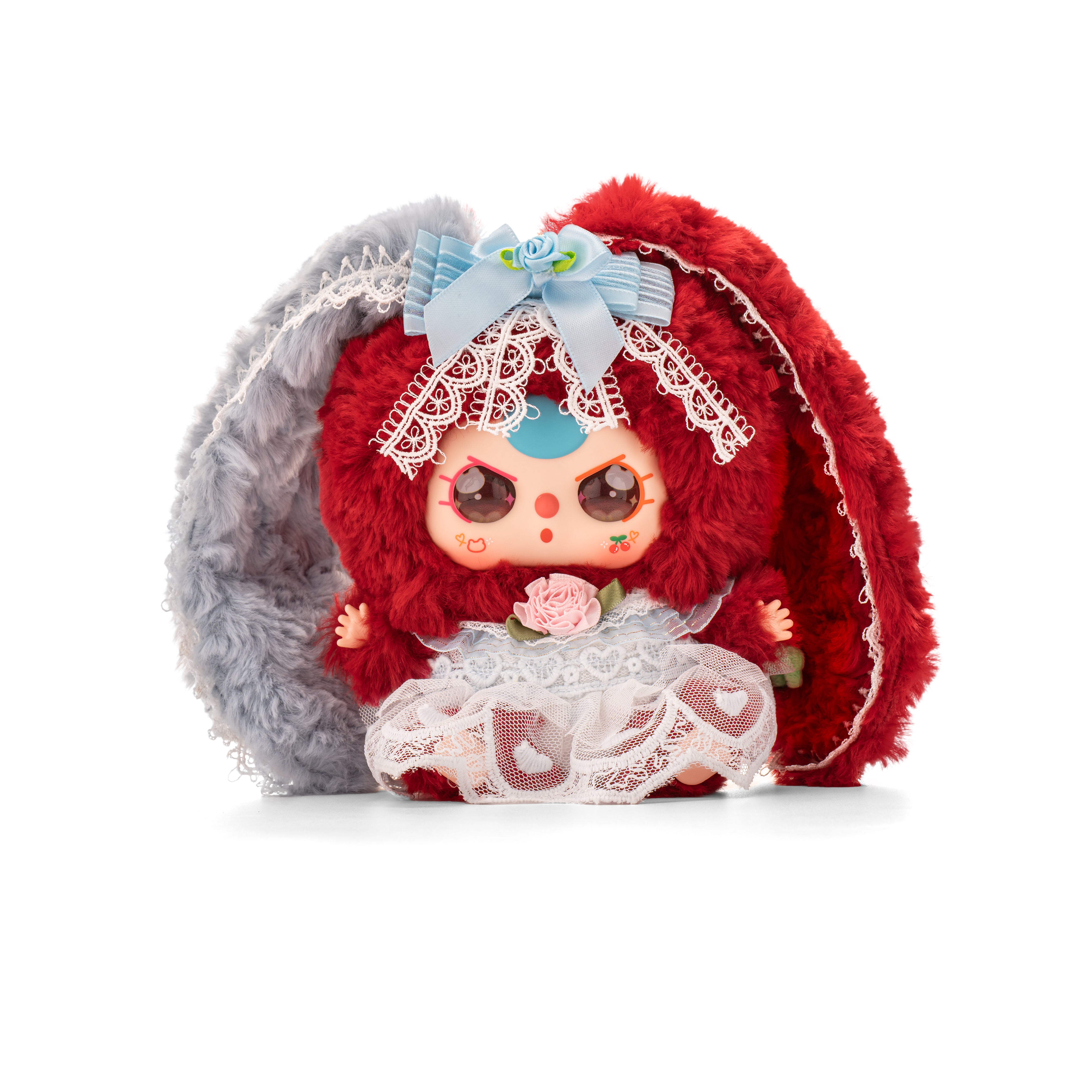Baby Three - Lily Rabbit Town 4 plush doll in a fluffy, two-tone bunny costume with lace dress, pink rose, and blue ribbon bow.