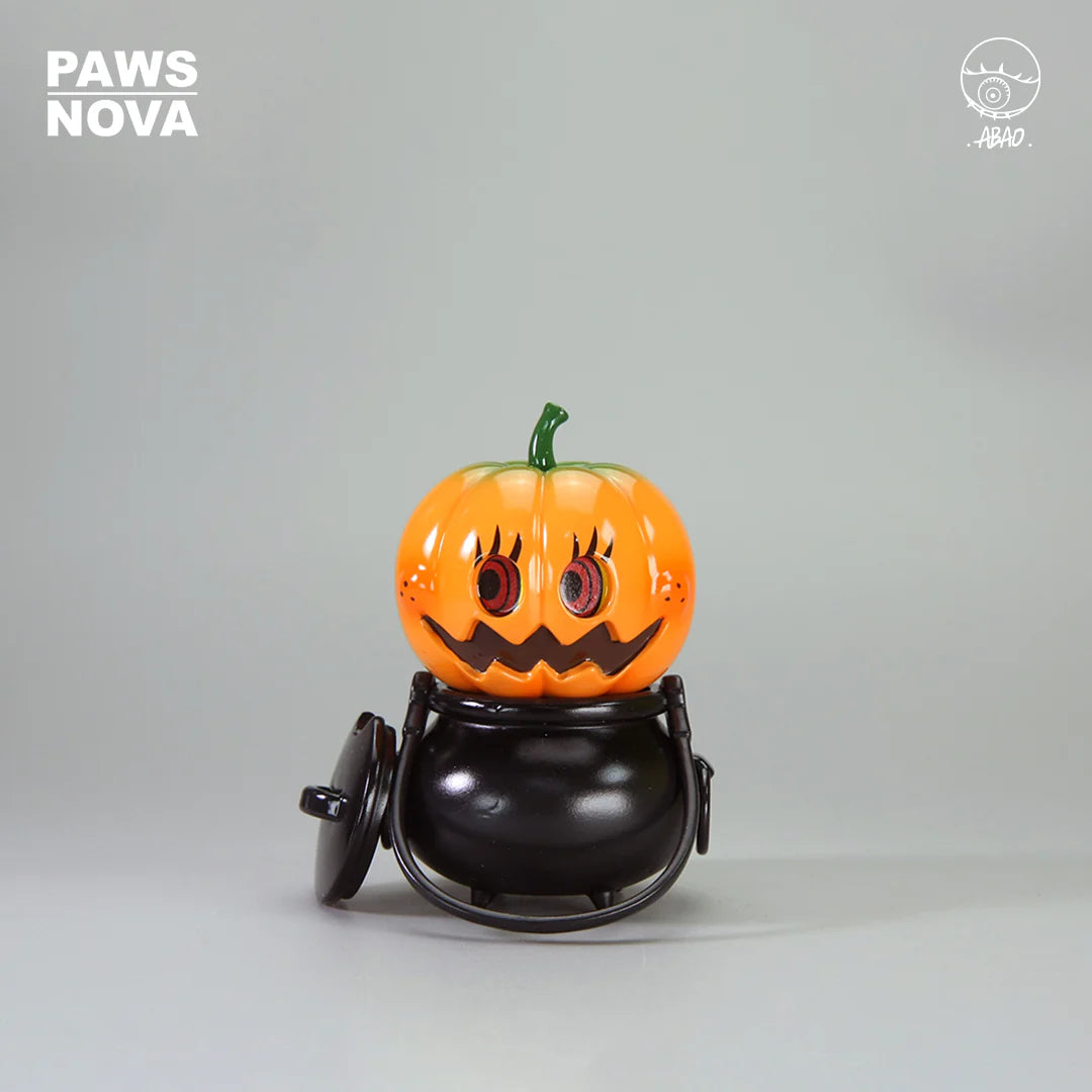 ABAO PUMPKIN SOUP DEDE: A whimsical jack-o’-lantern figure with cartoon eyes atop a black cauldron, designed by ABAO. Preorder for February 2026 delivery.