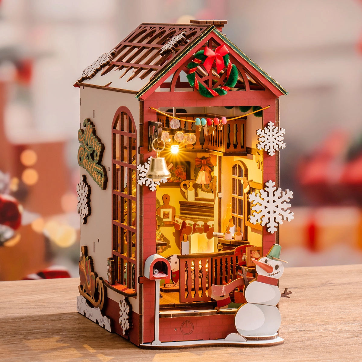 Rolife DIY Book Nook Insert - Christmas Street TGC06: A handcrafted wooden Christmas house diorama with festive details, glowing LED lamp, and intricate holiday décor.