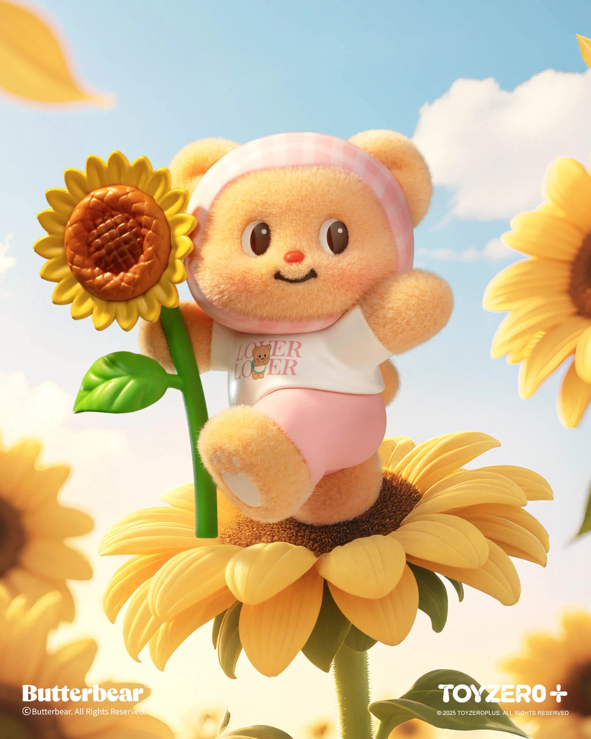Butterbear - Little Wishes Blind Box Series: A 3D teddy bear on a sunflower, wearing a LOVER LOVER T-shirt. Preorder for November 2025 delivery.