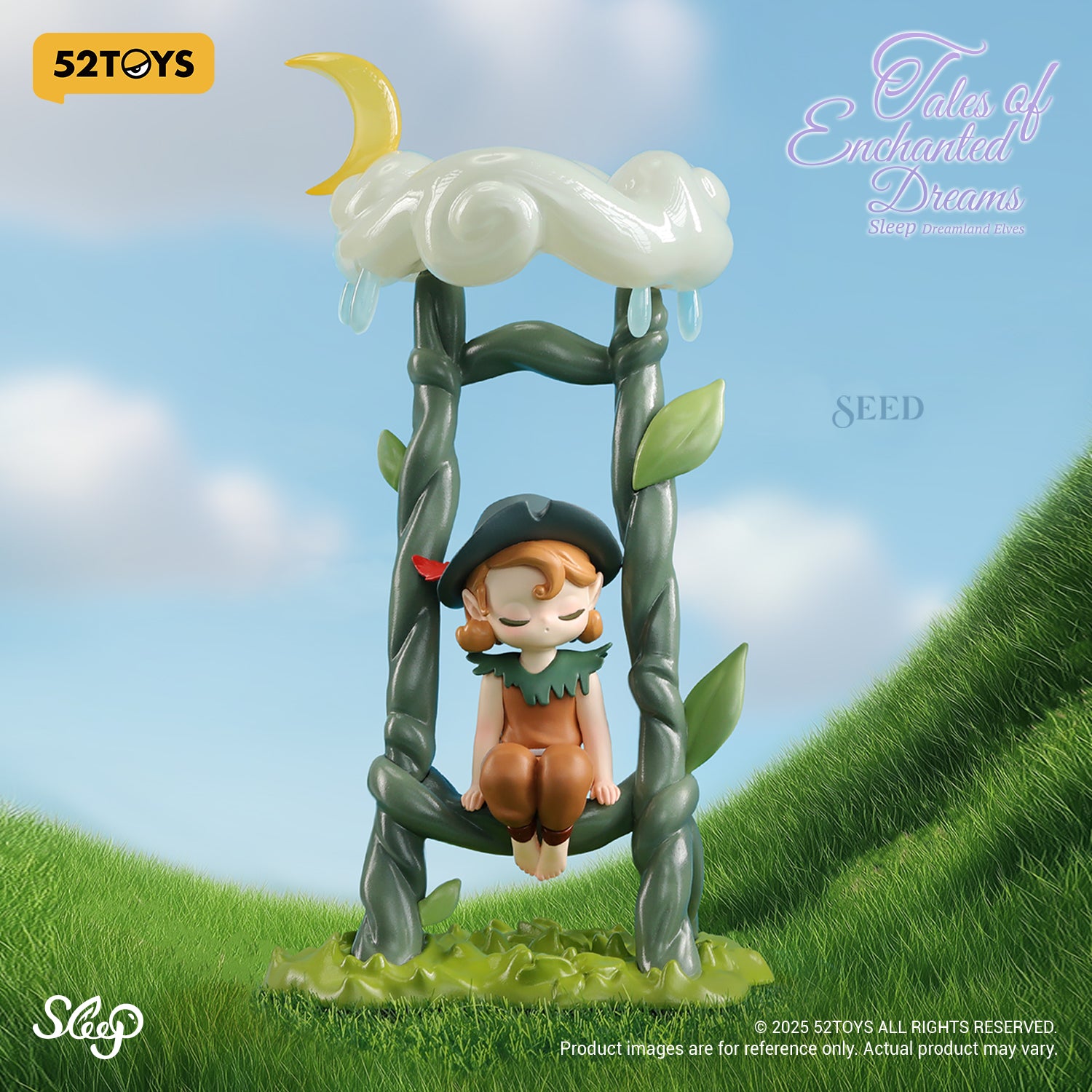 Sleep Dreamland Elves: Tales of Enchanted Dreams Blind Box features Seed, an elf figure on a vine ladder with cloud and moon accents.