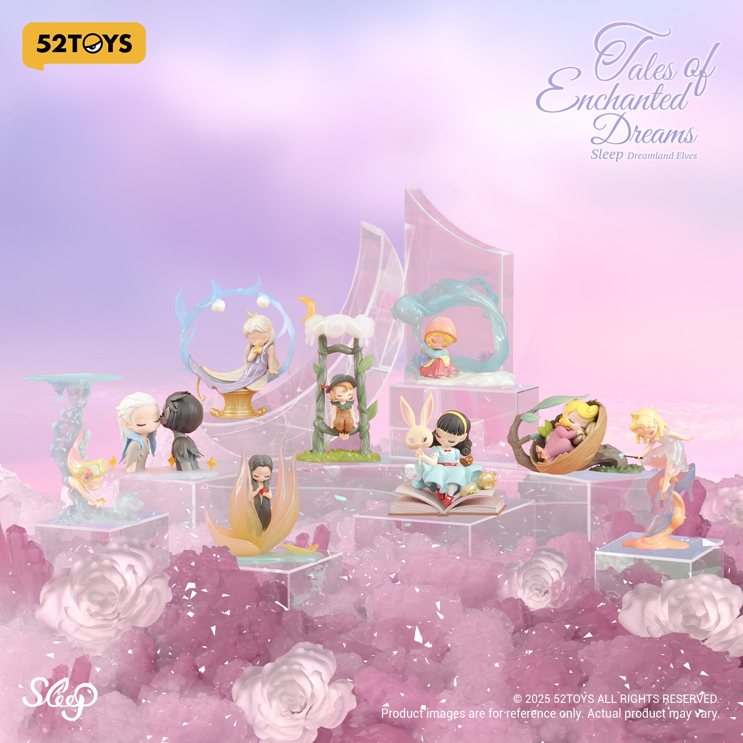 Sleep Dreamland Elves: Tales of Enchanted Dreams Blind Box featuring 10 resin figures in dreamy scenes, showcasing unique fairy-tale designs by 52TOYS.