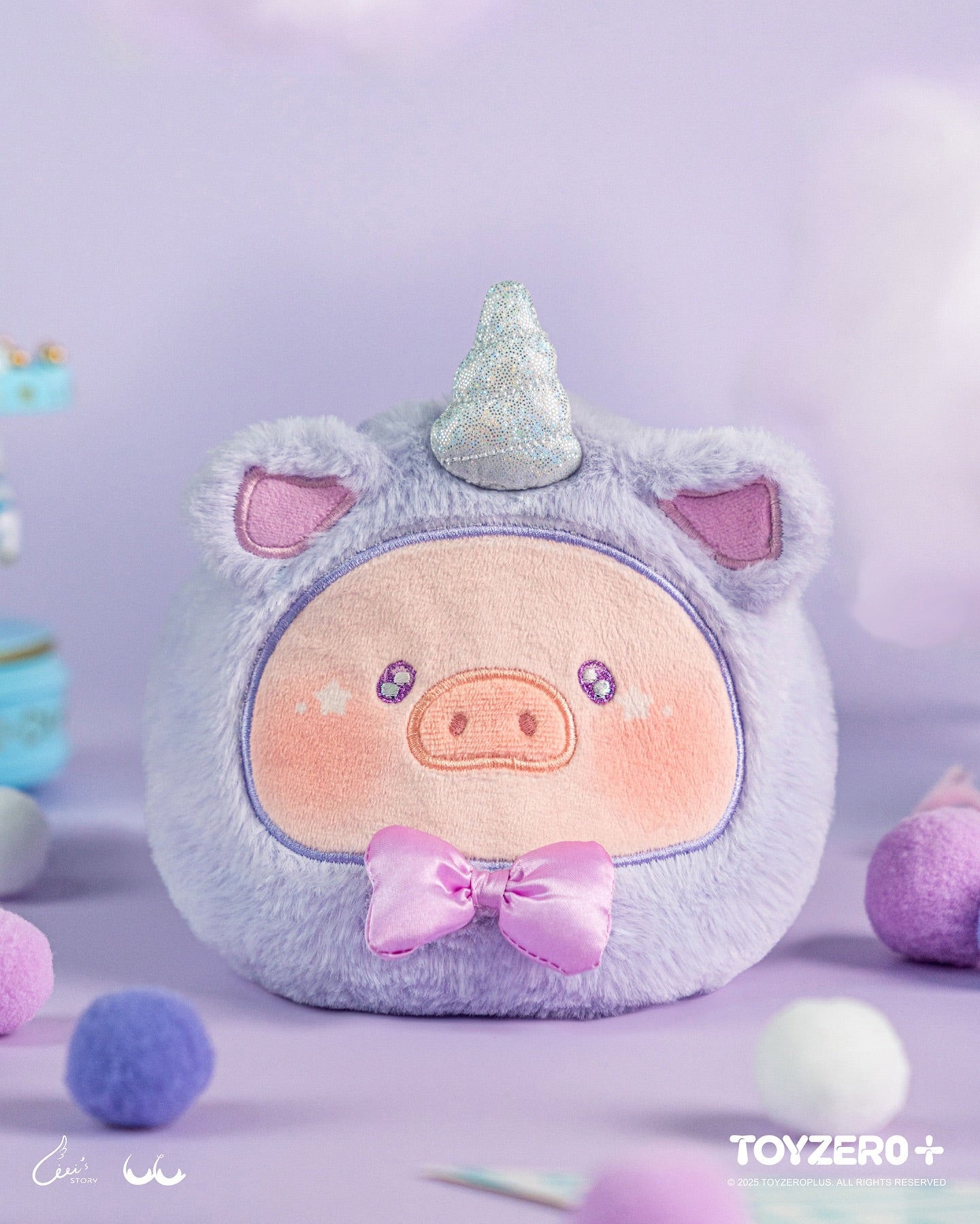 LuLu the Piggy plush toy as a unicorn with sparkly horn, starry eyes, and bow tie, part of LuLuLand collection. Preorder for Strangecat Toys.